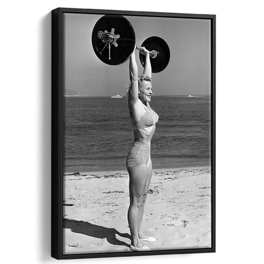 Woman Lifting Weights At Beach Framed Canvas Print Wall Art, Beach Fitness Print, Bodybuilder, Black and White, Gym Decor