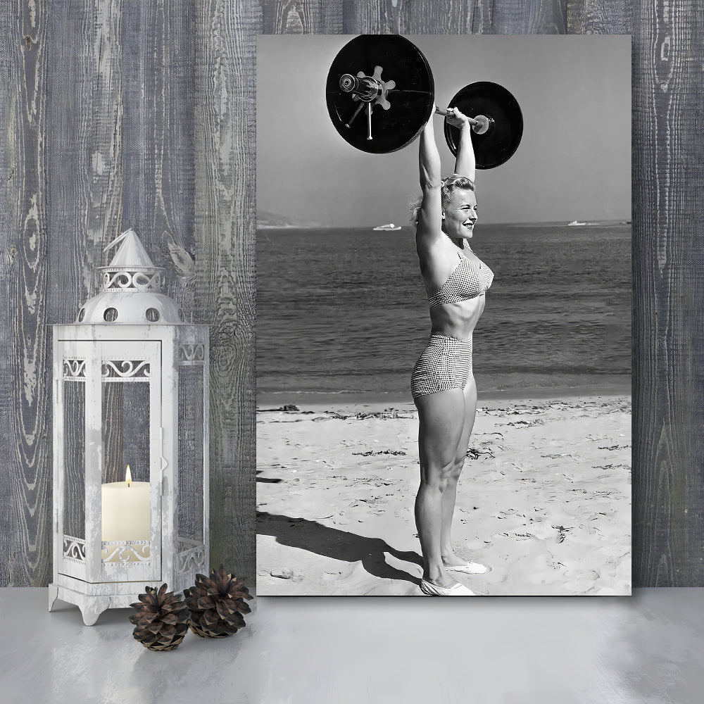 Woman Lifting Weights At Beach Canvas Print Wall Art, Beach Fitness Print, Bodybuilder, Black and White, Gym Decor