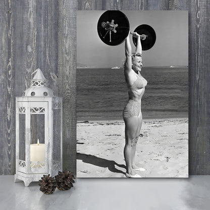 Woman Lifting Weights At Beach Canvas Print Wall Art, Beach Fitness Print, Bodybuilder, Black and White, Gym Decor