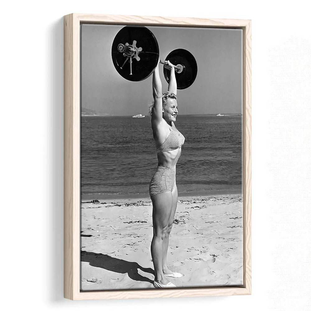 Woman Lifting Weights At Beach Framed Canvas Print Wall Art, Beach Fitness Print, Bodybuilder, Black and White, Gym Decor