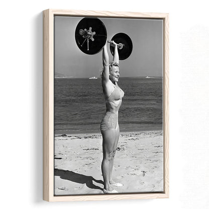 Woman Lifting Weights At Beach Framed Canvas Print Wall Art, Beach Fitness Print, Bodybuilder, Black and White, Gym Decor