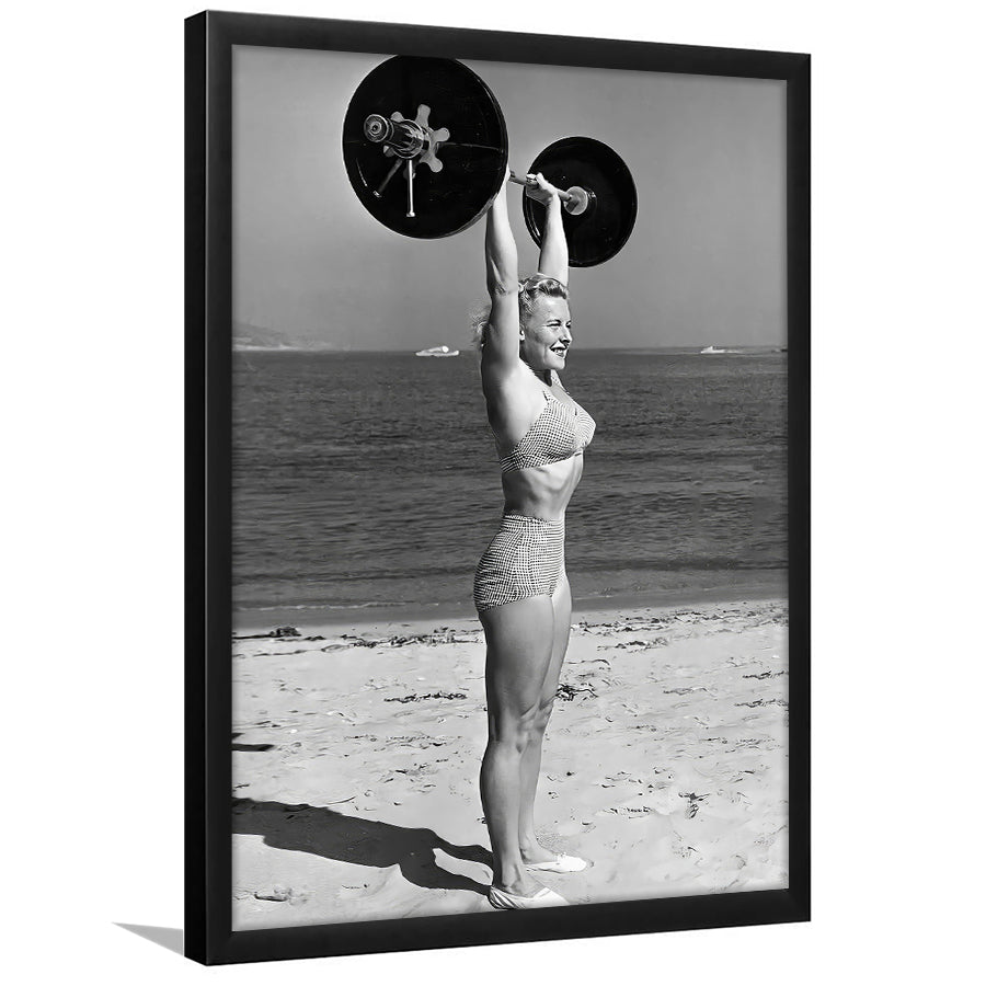 Woman Lifting Weights At Beach Framed Art Print Wall Decor, Beach Fitness Print, Bodybuilder, Black and White, Gym Decor