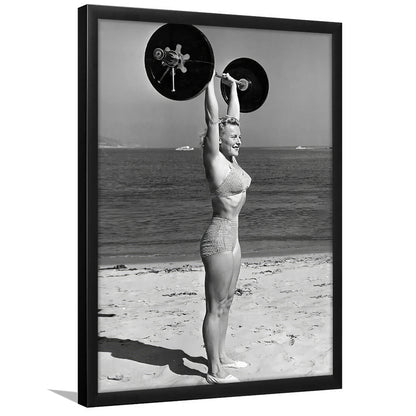 Woman Lifting Weights At Beach Framed Art Print Wall Decor, Beach Fitness Print, Bodybuilder, Black and White, Gym Decor