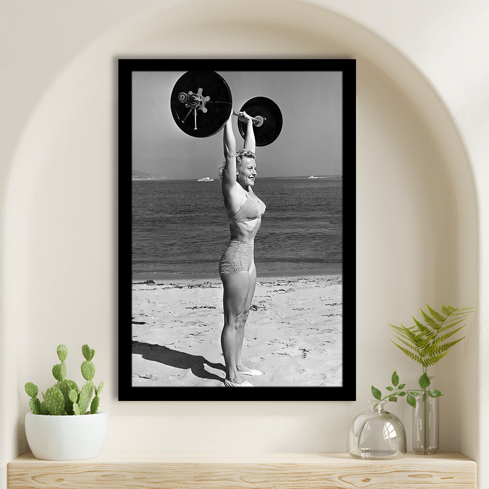 Woman Lifting Weights At Beach Framed Art Print Wall Decor, Beach Fitness Print, Bodybuilder, Black and White, Gym Decor