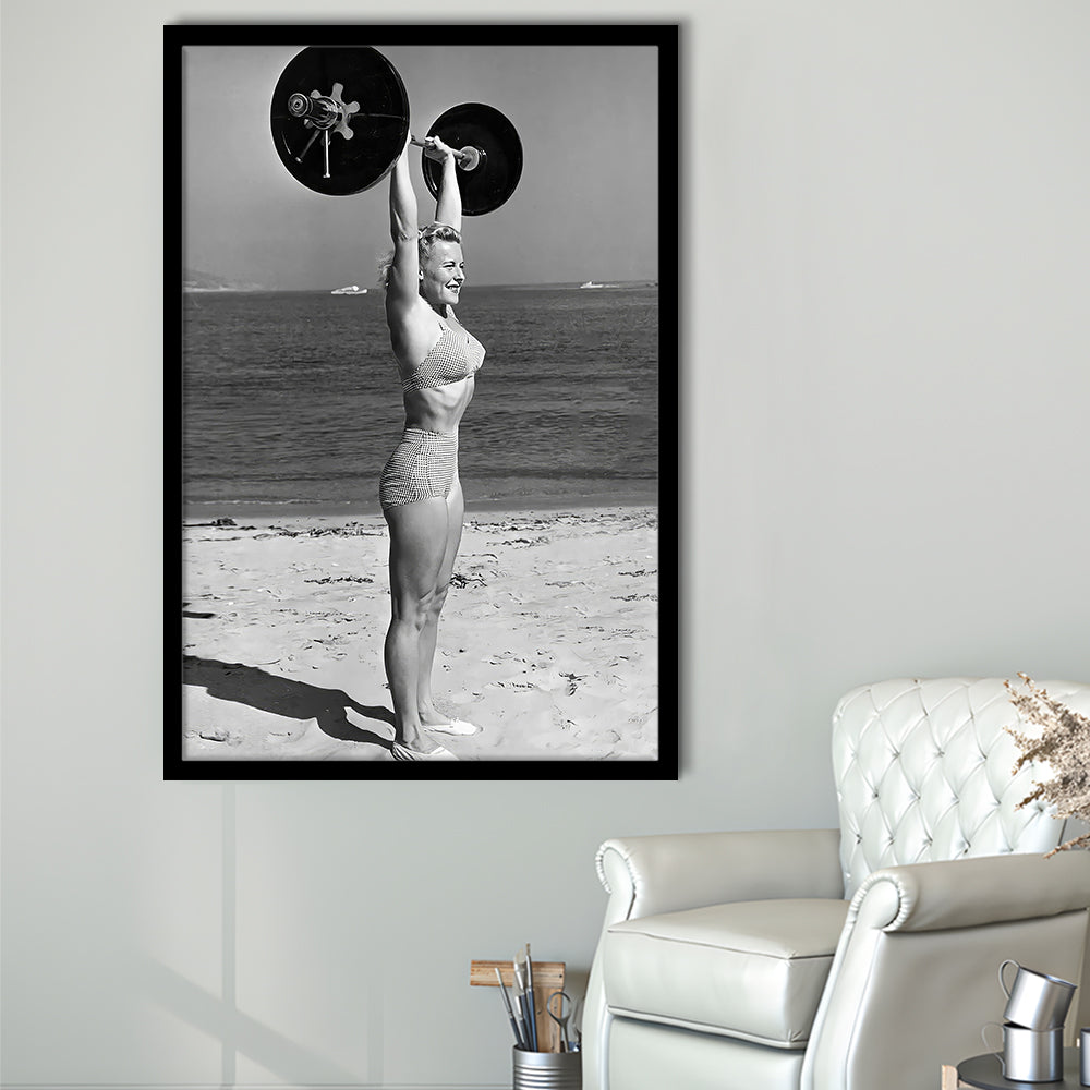Woman Lifting Weights At Beach Framed Art Print Wall Decor, Beach Fitness Print, Bodybuilder, Black and White, Gym Decor