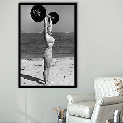 Woman Lifting Weights At Beach Framed Art Print Wall Decor, Beach Fitness Print, Bodybuilder, Black and White, Gym Decor