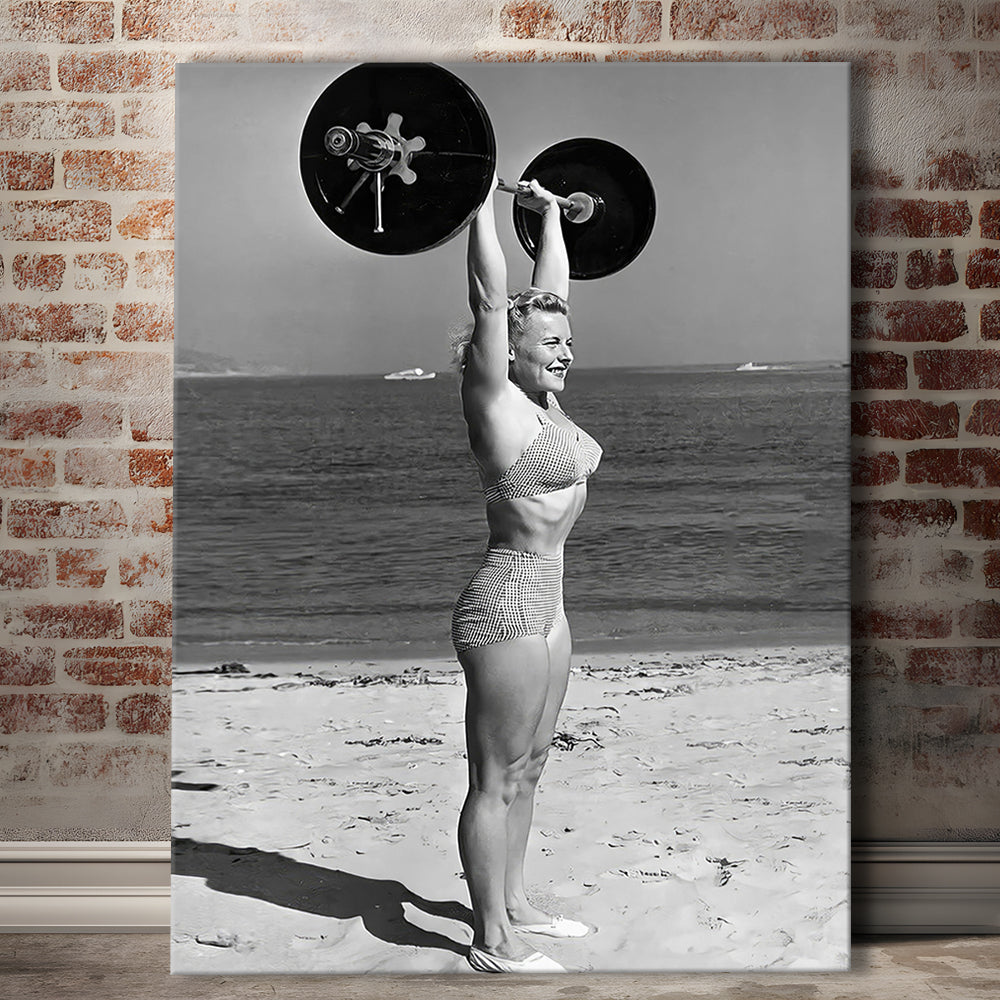 Woman Lifting Weights At Beach Canvas Print Wall Art, Beach Fitness Print, Bodybuilder, Black and White, Gym Decor
