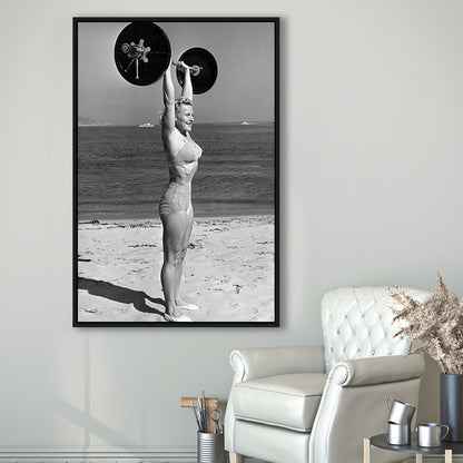 Woman Lifting Weights At Beach Framed Canvas Print Wall Art, Beach Fitness Print, Bodybuilder, Black and White, Gym Decor
