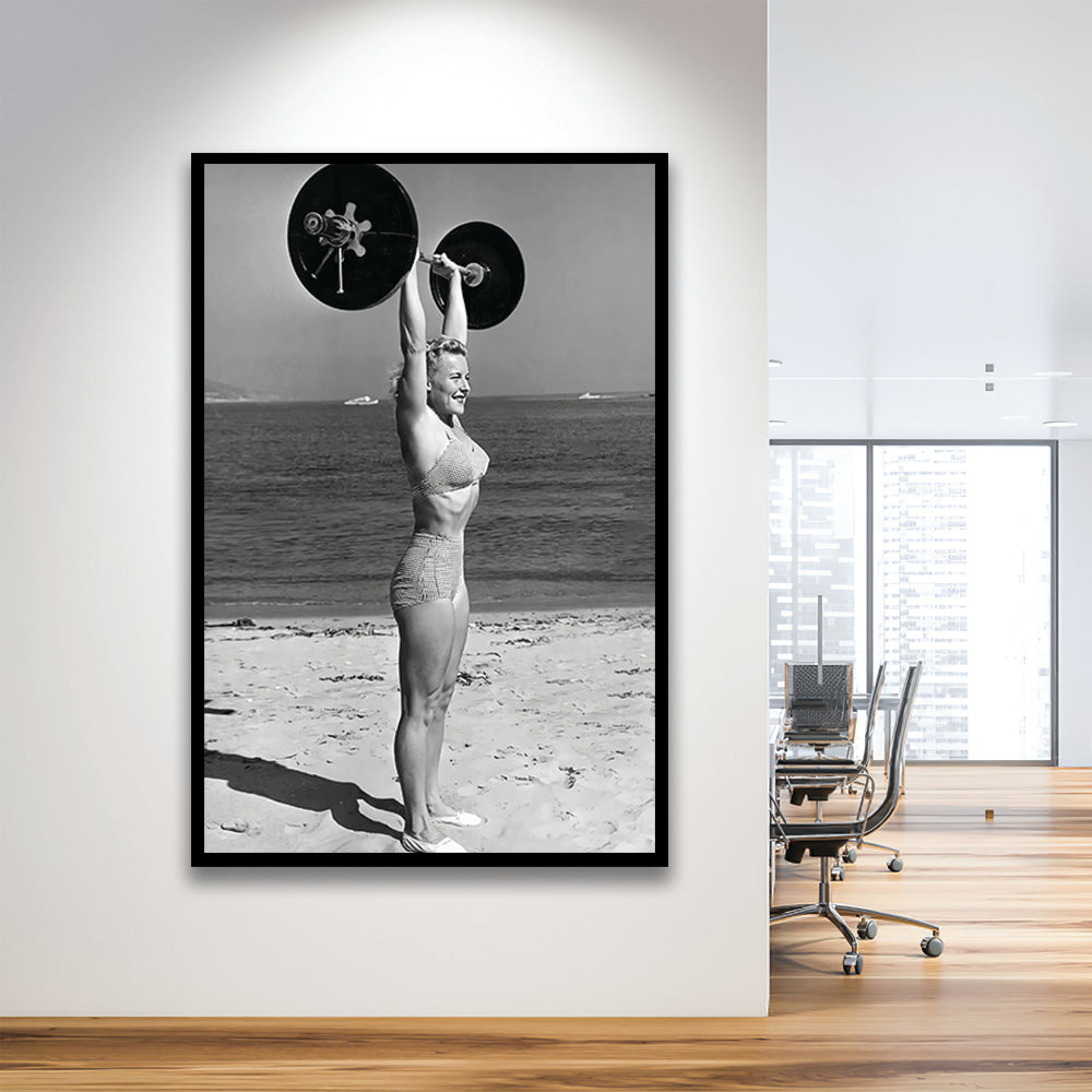 Woman Lifting Weights At Beach Framed Art Print Wall Decor, Beach Fitness Print, Bodybuilder, Black and White, Gym Decor