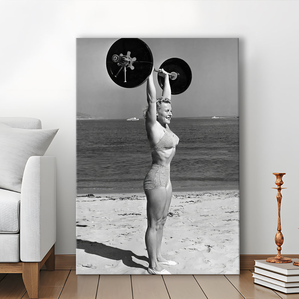 Woman Lifting Weights At Beach Canvas Print Wall Art, Beach Fitness Print, Bodybuilder, Black and White, Gym Decor
