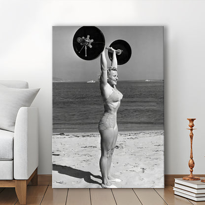 Woman Lifting Weights At Beach Canvas Print Wall Art, Beach Fitness Print, Bodybuilder, Black and White, Gym Decor