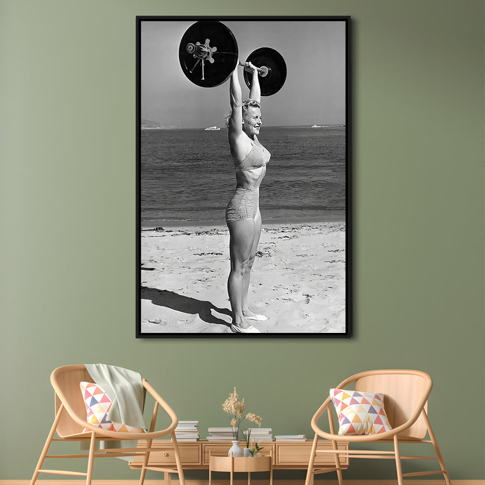 Woman Lifting Weights At Beach Framed Canvas Print Wall Art, Beach Fitness Print, Bodybuilder, Black and White, Gym Decor