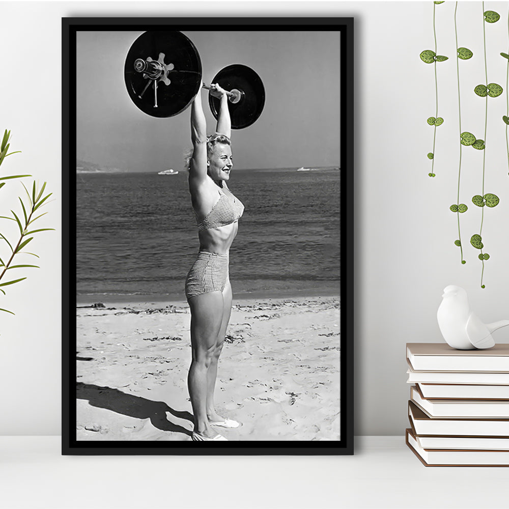 Woman Lifting Weights At Beach Framed Canvas Print Wall Art, Beach Fitness Print, Bodybuilder, Black and White, Gym Decor