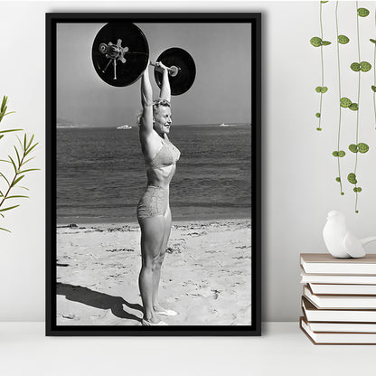 Woman Lifting Weights At Beach Framed Canvas Print Wall Art, Beach Fitness Print, Bodybuilder, Black and White, Gym Decor