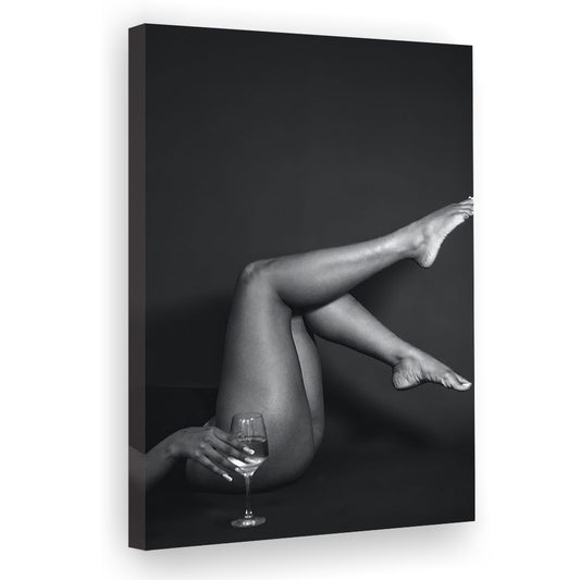 Woman Lying Down With Raised Legs and Wine Glass, Black and White, Retro Style, Alcohol Canvas Print Wall Art