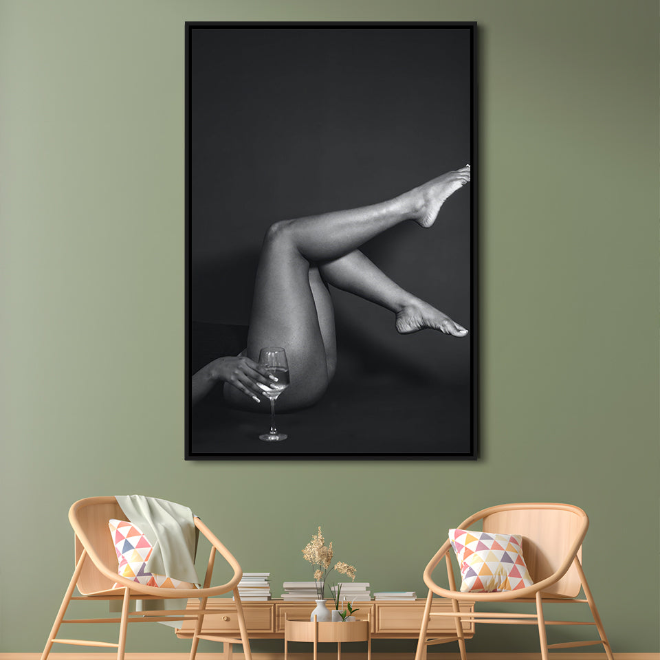 Woman Lying Down With Raised Legs and Wine Glass, Black and White, Retro Style, Alcohol Framed Canvas Print Wall Art