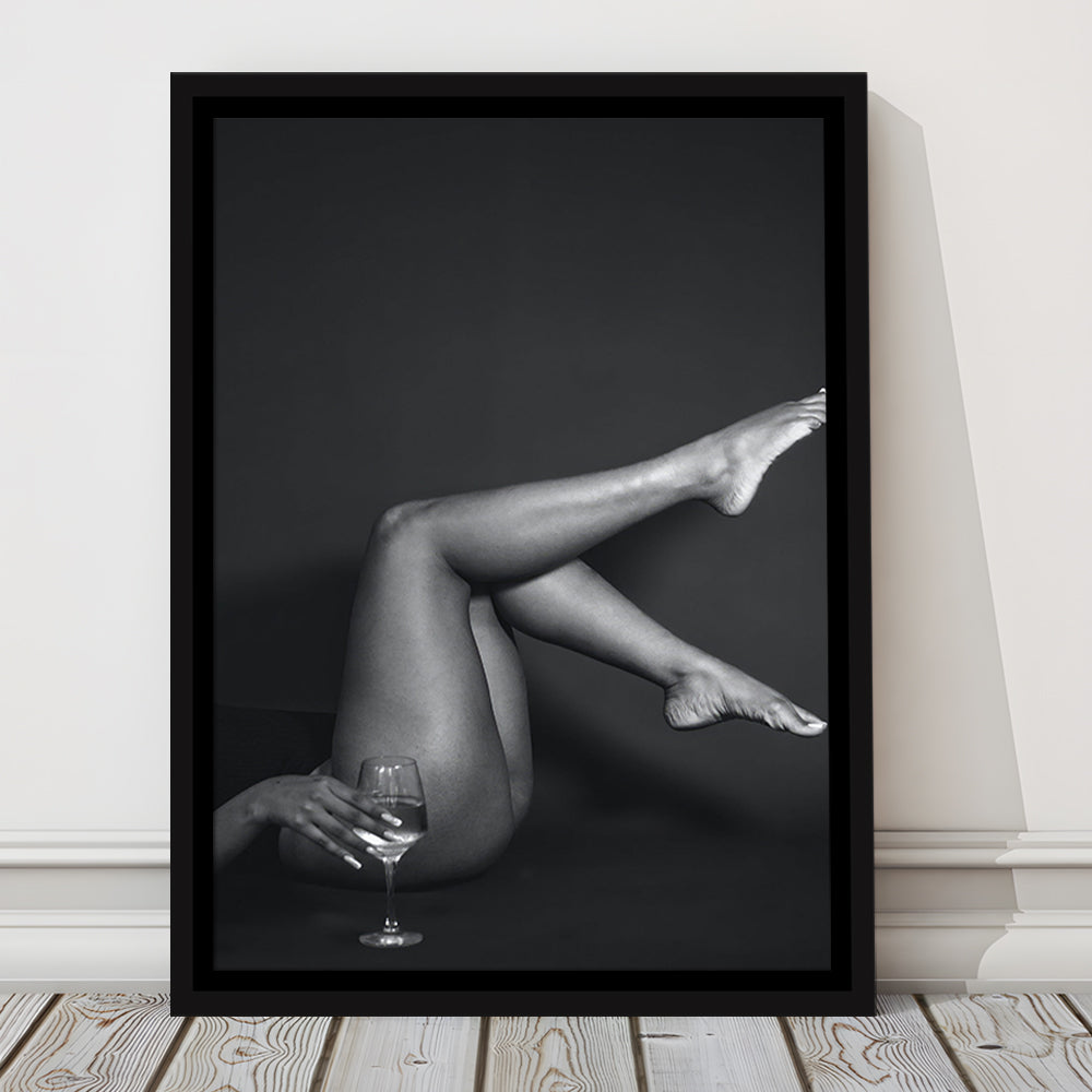Woman Lying Down With Raised Legs and Wine Glass, Black and White, Retro Style, Alcohol Framed Canvas Print Wall Art
