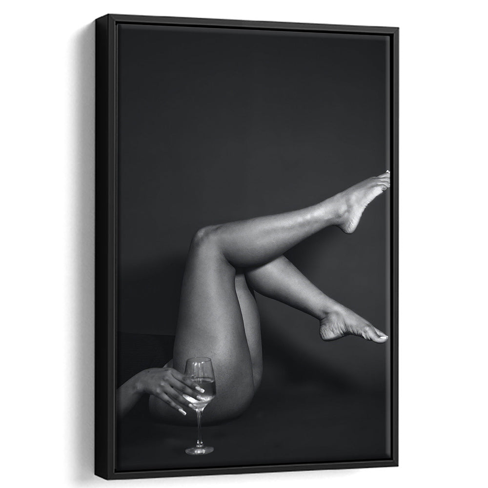 Woman Lying Down With Raised Legs and Wine Glass, Black and White, Retro Style, Alcohol Framed Canvas Print Wall Art