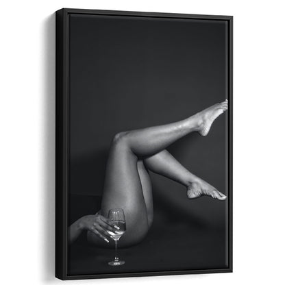 Woman Lying Down With Raised Legs and Wine Glass, Black and White, Retro Style, Alcohol Framed Canvas Print Wall Art