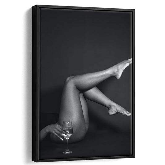 Woman Lying Down With Raised Legs and Wine Glass, Black and White, Retro Style, Alcohol Framed Canvas Print Wall Art