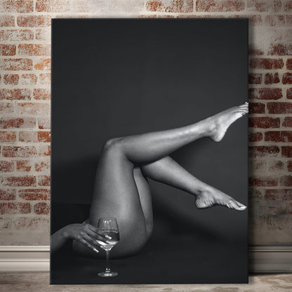 Woman Lying Down With Raised Legs and Wine Glass, Black and White, Retro Style, Alcohol Canvas Print Wall Art