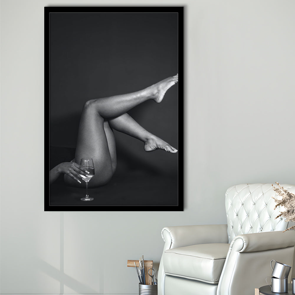 Woman Lying Down With Raised Legs and Wine Glass, Black and White, Retro Style, Alcohol Framed Art Print Wall Decor