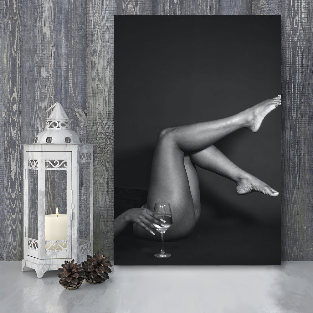 Woman Lying Down With Raised Legs and Wine Glass, Black and White, Retro Style, Alcohol Canvas Print Wall Art