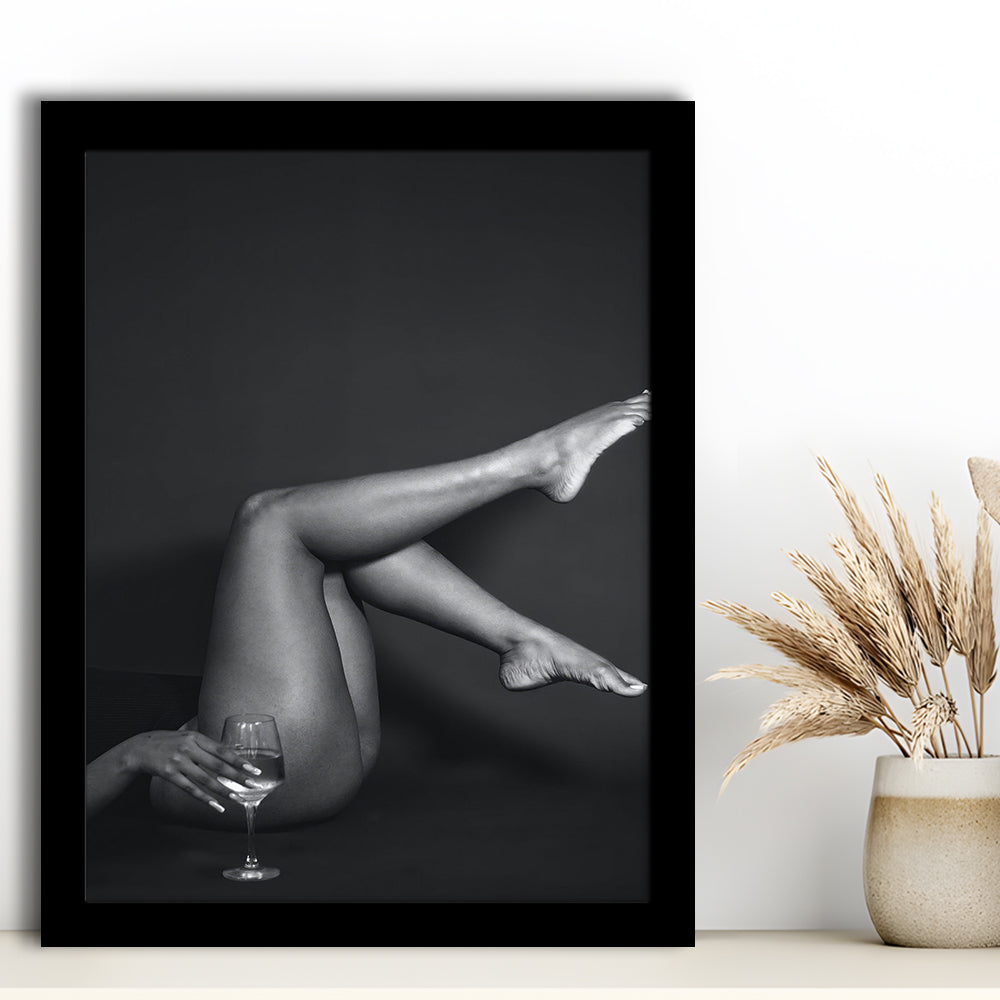 Woman Lying Down With Raised Legs and Wine Glass, Black and White, Retro Style, Alcohol Framed Art Print Wall Decor