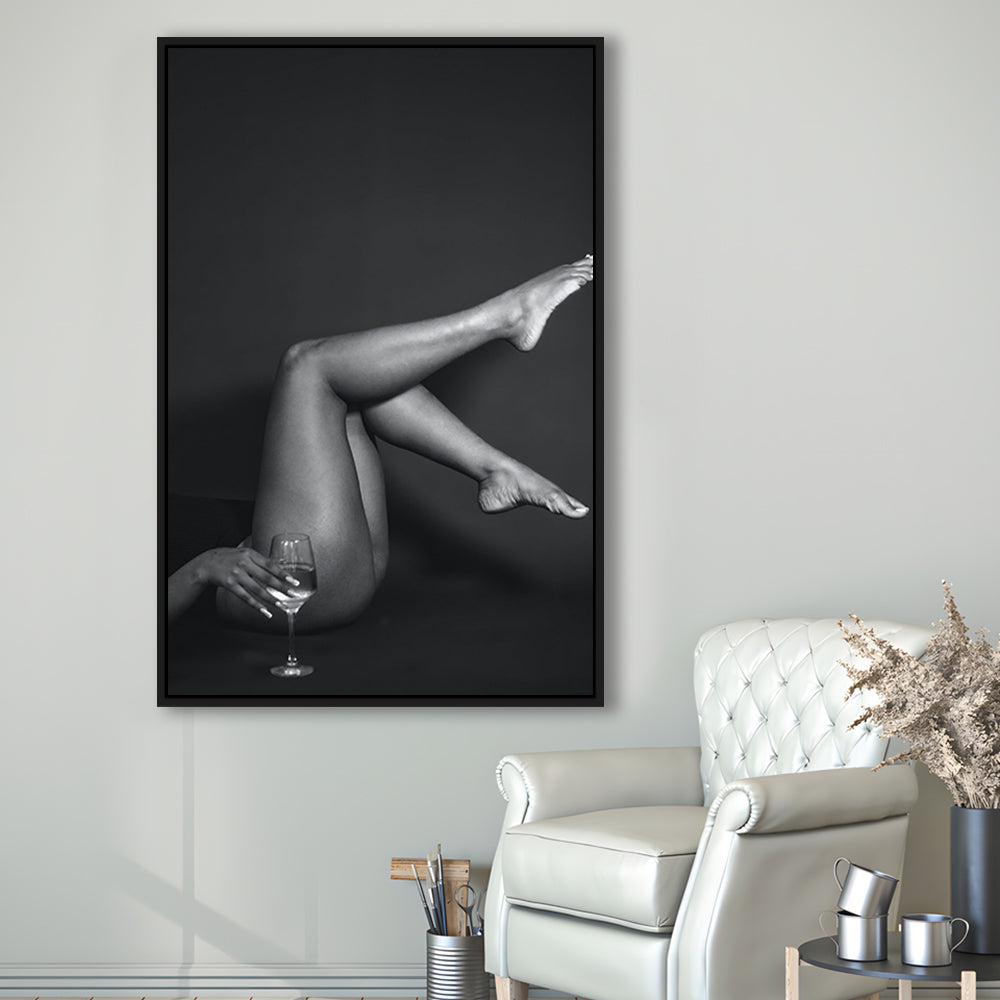 Woman Lying Down With Raised Legs and Wine Glass, Black and White, Retro Style, Alcohol Framed Canvas Print Wall Art