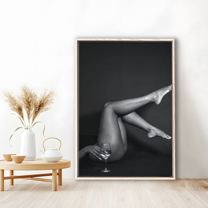 Woman Lying Down With Raised Legs and Wine Glass, Black and White, Retro Style, Alcohol Framed Canvas Print Wall Art