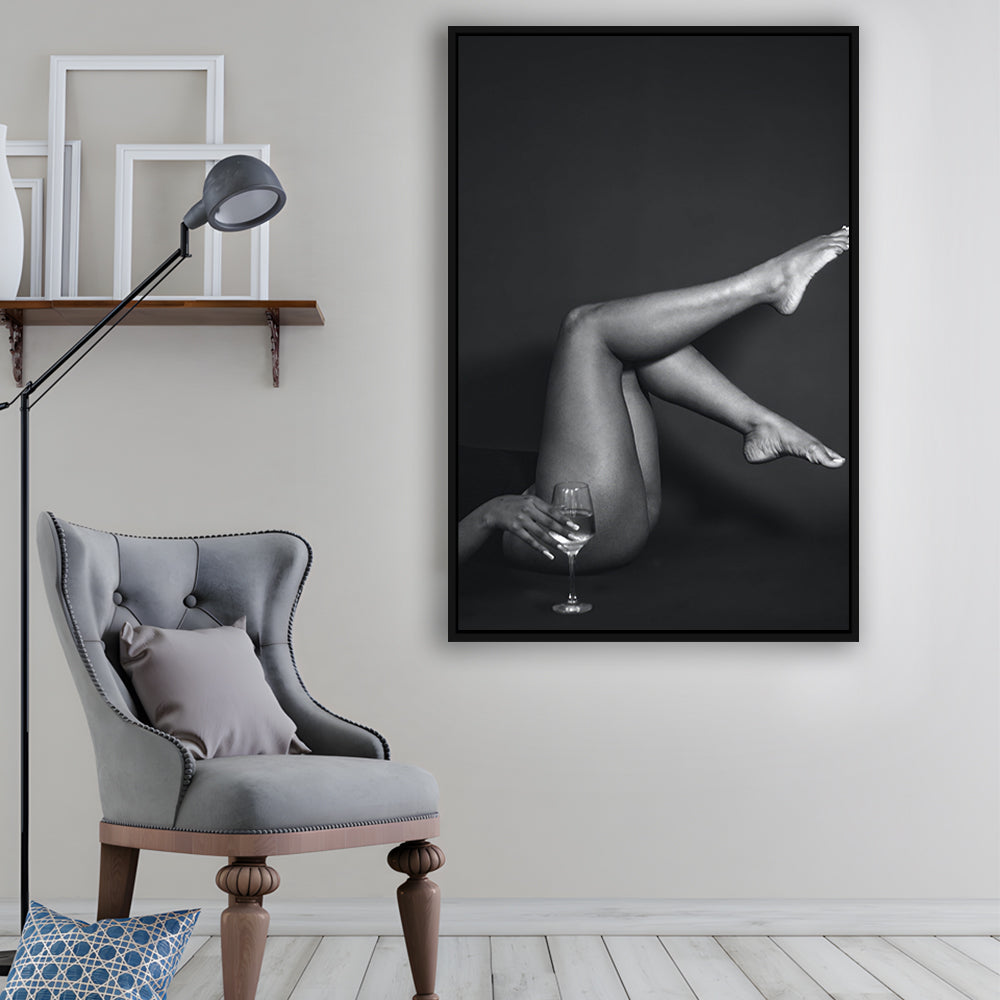 Woman Lying Down With Raised Legs and Wine Glass, Black and White, Retro Style, Alcohol Framed Canvas Print Wall Art