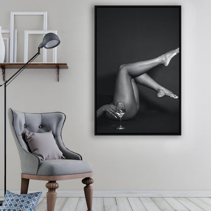 Woman Lying Down With Raised Legs and Wine Glass, Black and White, Retro Style, Alcohol Framed Canvas Print Wall Art