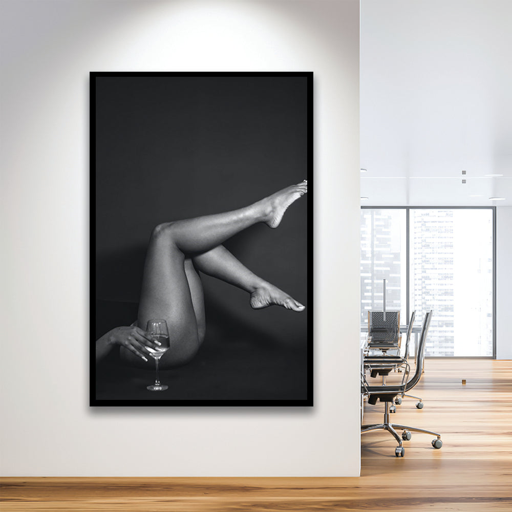 Woman Lying Down With Raised Legs and Wine Glass, Black and White, Retro Style, Alcohol Framed Art Print Wall Decor