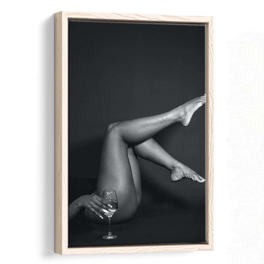 Woman Lying Down With Raised Legs and Wine Glass, Black and White, Retro Style, Alcohol Framed Canvas Print Wall Art