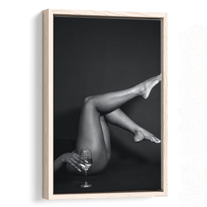 Woman Lying Down With Raised Legs and Wine Glass, Black and White, Retro Style, Alcohol Framed Canvas Print Wall Art