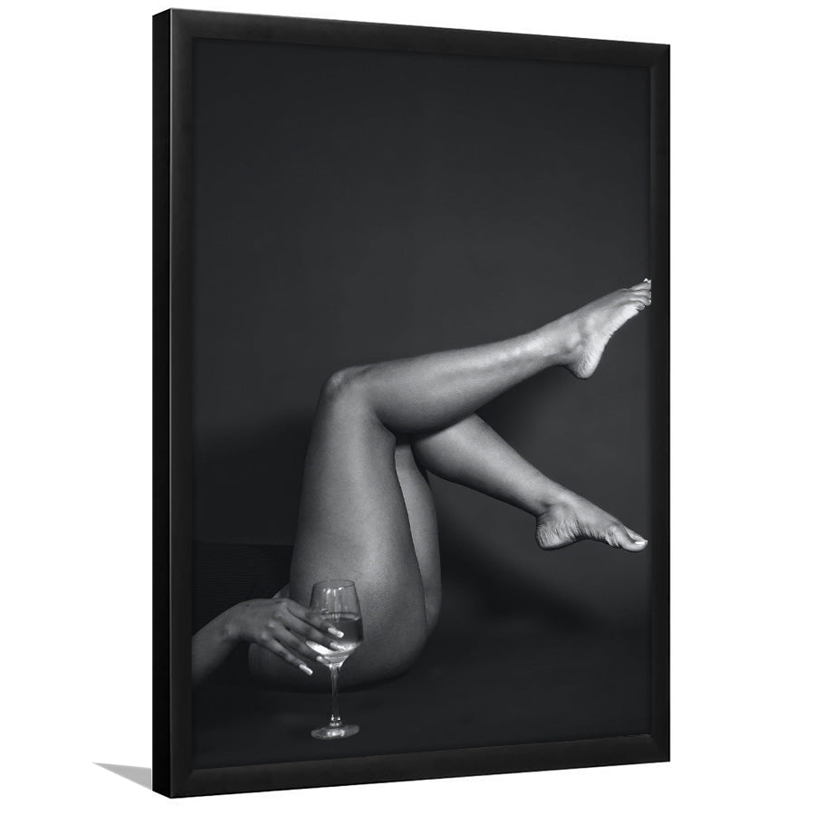 Woman Lying Down With Raised Legs and Wine Glass, Black and White, Retro Style, Alcohol Framed Art Print Wall Decor
