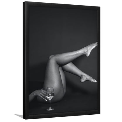 Woman Lying Down With Raised Legs and Wine Glass, Black and White, Retro Style, Alcohol Framed Art Print Wall Decor