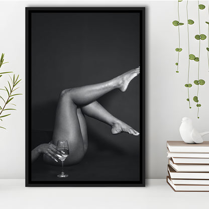 Woman Lying Down With Raised Legs and Wine Glass, Black and White, Retro Style, Alcohol Framed Canvas Print Wall Art
