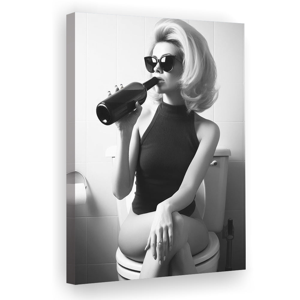 Woman On Toilet Drinking Wine Canvas Print Wall Art, Black and White, Bathroom Print, Retro Fashion Wall Decor