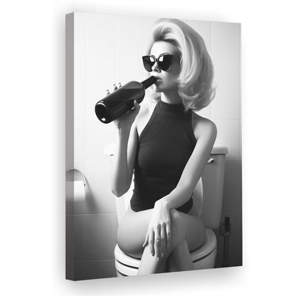 Woman On Toilet Drinking Wine Canvas Print Wall Art, Black and White, Bathroom Print, Retro Fashion Wall Decor