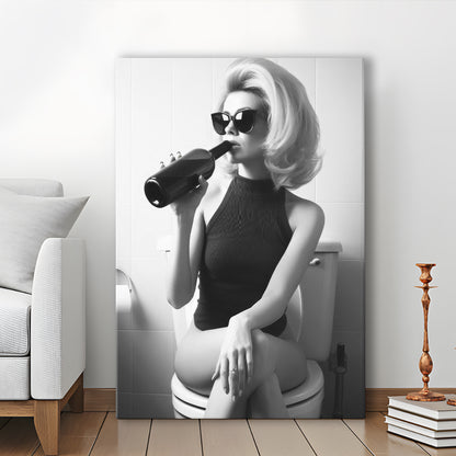 Woman On Toilet Drinking Wine Canvas Print Wall Art, Black and White, Bathroom Print, Retro Fashion Wall Decor