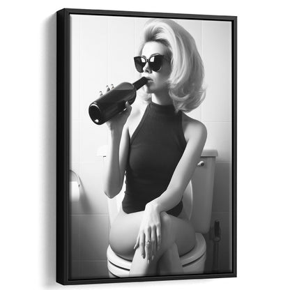 Woman On Toilet Drinking Wine Framed Canvas Print Wall Art, Black and White, Bathroom Print, Retro Fashion Wall Decor