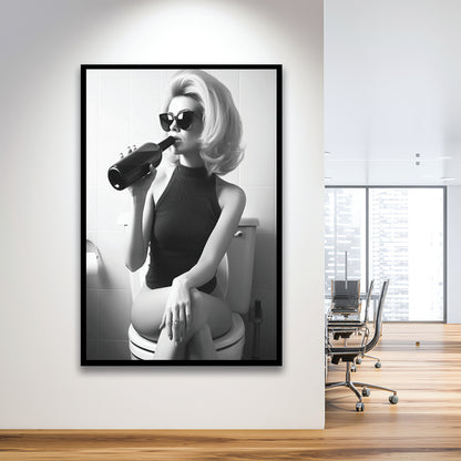 Woman On Toilet Drinking Wine Framed Art Print Wall Decor, Black and White, Bathroom Print, Retro Fashion Wall Decor
