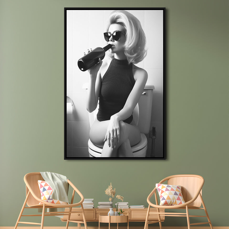 Woman On Toilet Drinking Wine Framed Canvas Print Wall Art, Black and White, Bathroom Print, Retro Fashion Wall Decor