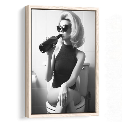Woman On Toilet Drinking Wine Framed Canvas Print Wall Art, Black and White, Bathroom Print, Retro Fashion Wall Decor