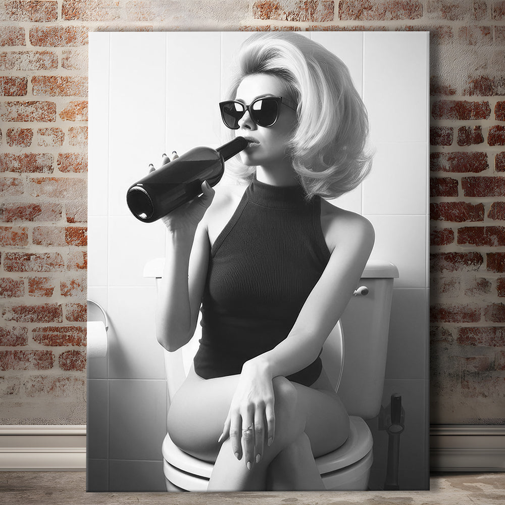 Woman On Toilet Drinking Wine Canvas Print Wall Art, Black and White, Bathroom Print, Retro Fashion Wall Decor