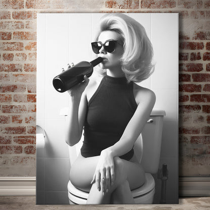 Woman On Toilet Drinking Wine Canvas Print Wall Art, Black and White, Bathroom Print, Retro Fashion Wall Decor