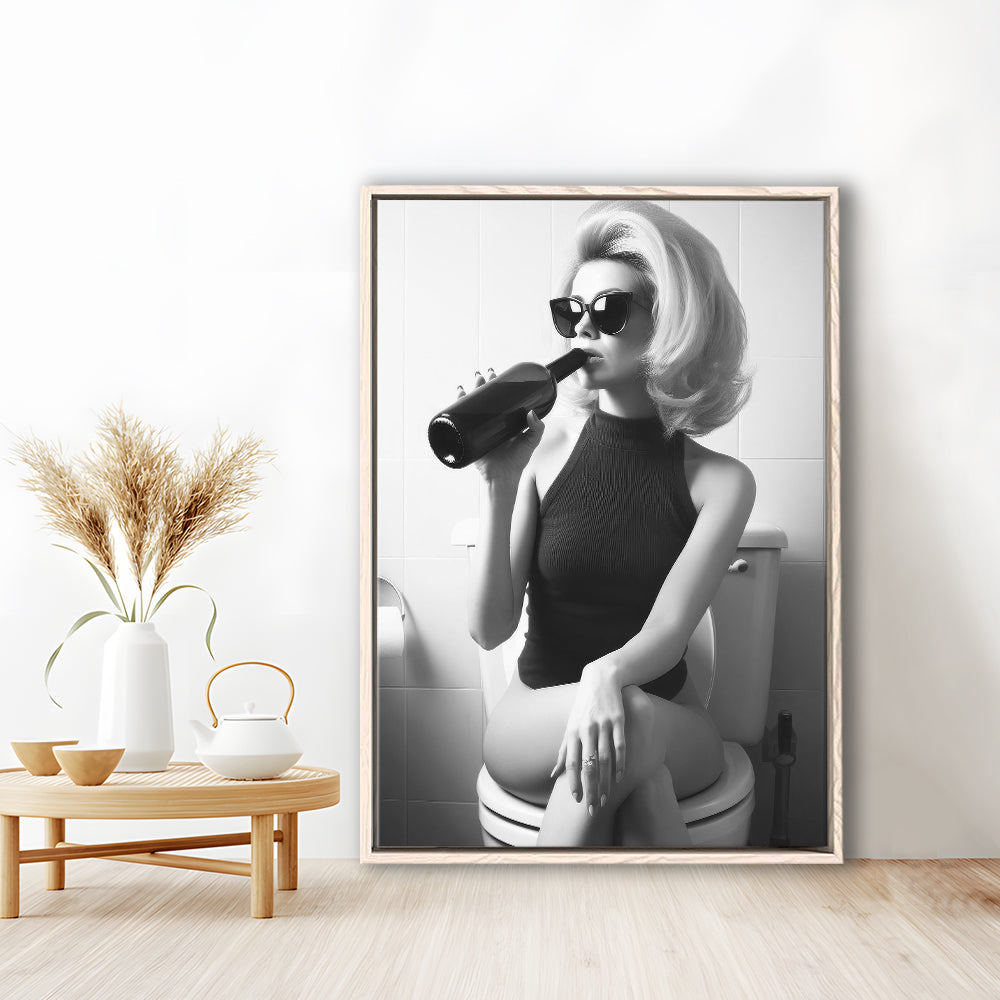 Woman On Toilet Drinking Wine Framed Canvas Print Wall Art, Black and White, Bathroom Print, Retro Fashion Wall Decor