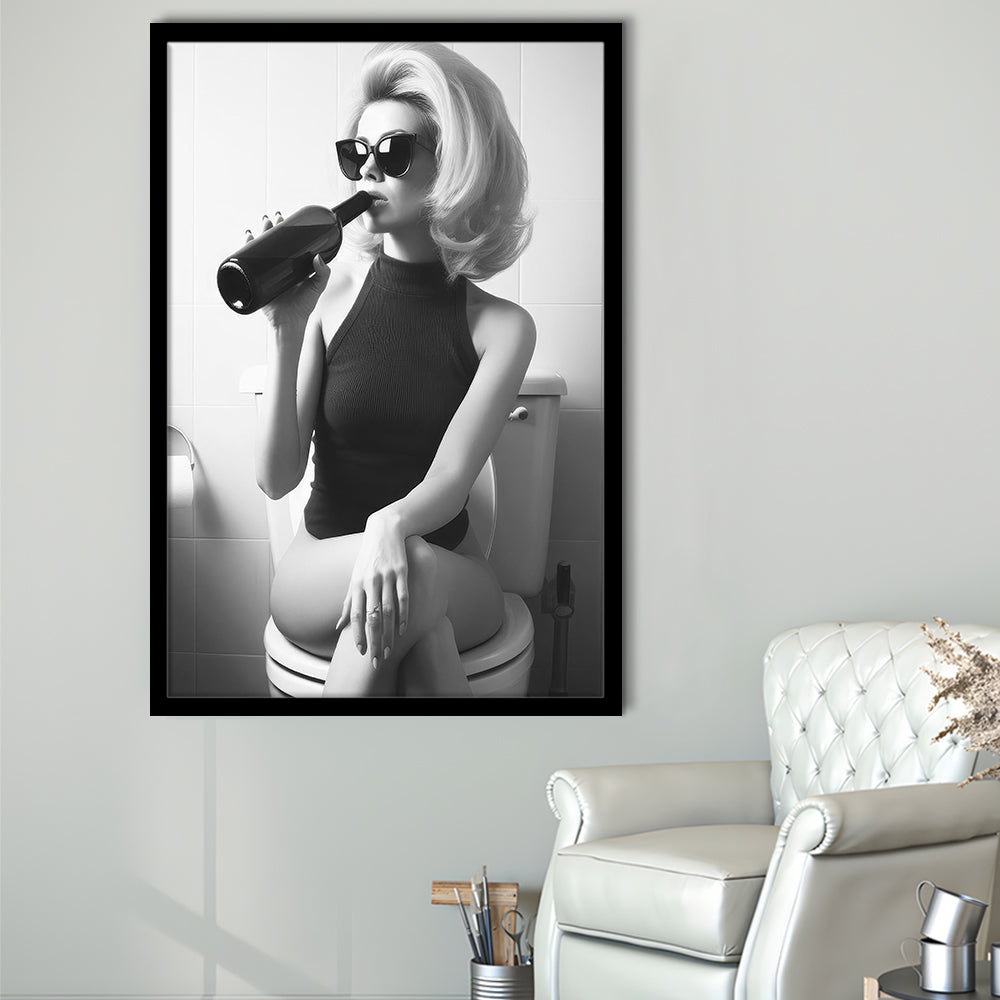 Woman On Toilet Drinking Wine Framed Art Print Wall Decor, Black and White, Bathroom Print, Retro Fashion Wall Decor