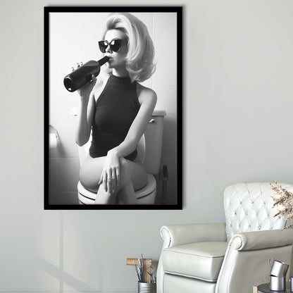 Woman On Toilet Drinking Wine Framed Art Print Wall Decor, Black and White, Bathroom Print, Retro Fashion Wall Decor